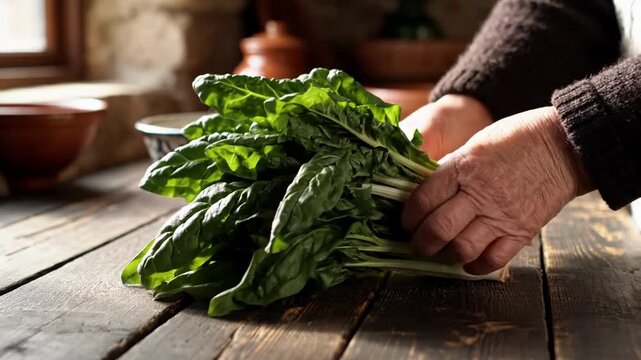 Fresh spinach leaves on a rustic wooden table with hands preparing greens, warm natural light creates a cozy kitchen mood, ideal for healthy cooking and meal prep