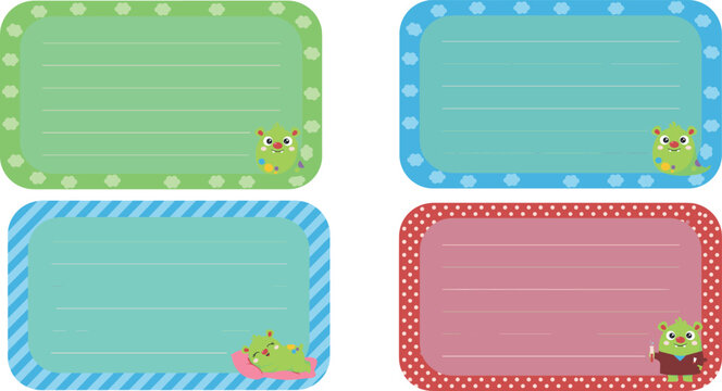 Cute school notebook label sticker vector template set with lined blank space frames featuring colorful borders and cartoon monster student characters