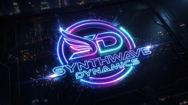 Neon glowing logo with wing motif and circular frame for high tech electronics industry.