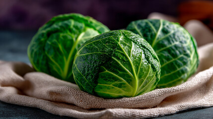 Fototapeta premium Three fresh green cabbages resting on a soft textile cloth with farm to table, raw food