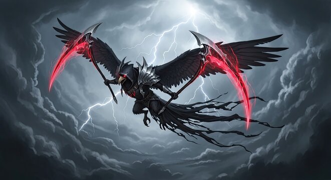 Grim reaper with red scythes flying in lightning.