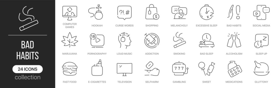 Bad habits linear icons covering unhealthy behaviors and addiction problems. Contains smoking, gambling, alcohol, excessive screen time, overeating and harmful lifestyle elements
