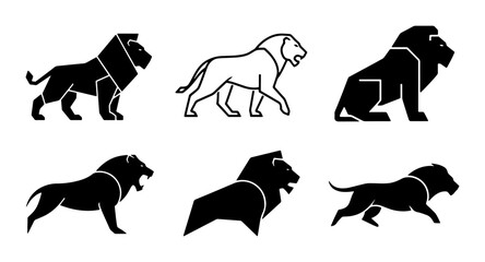 Lion Vector Icons Set, Majestic Big Cat Silhouettes, Wild Animal Graphics, Powerful King of Jungle Illustrations, Black and White Stylized Designs © Raiyan