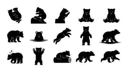 Bear Silhouettes Vector Collection: Diverse Poses, Wildlife Icons, Forest Animals, Nature Graphics, Black & White Animal Art © Raiyan