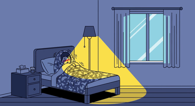 Person Feeling Unwell In Bed Under Cozy Blanket With Warm Light