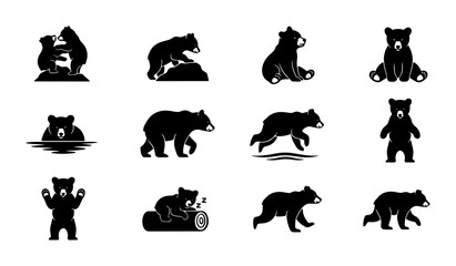 Black Bear Silhouettes Vector Pack: Wildlife Icons for Nature and Adventure Designs, 12 Graphic Elements © Raiyan