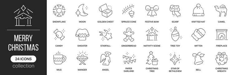 Obraz premium Merry christmas linear icons covering seasonal traditions and holiday decorations. Contains nativity, angel, gingerbread, wreath, ornaments, winter clothing and festive celebration elements