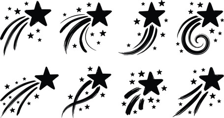 Collection of eight black shooting star with trails and sparkles on a white background © MD