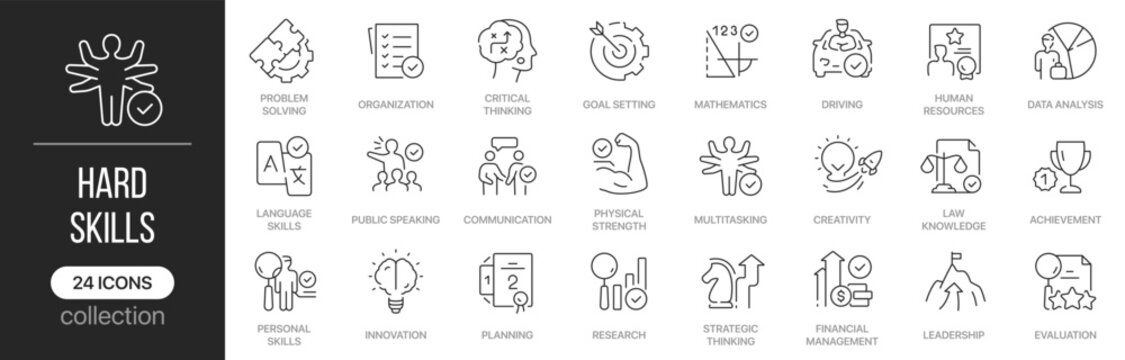 Hard skills linear icons covering professional competencies and career development. Contains analysis, communication, planning, leadership, research, organization and workplace skills