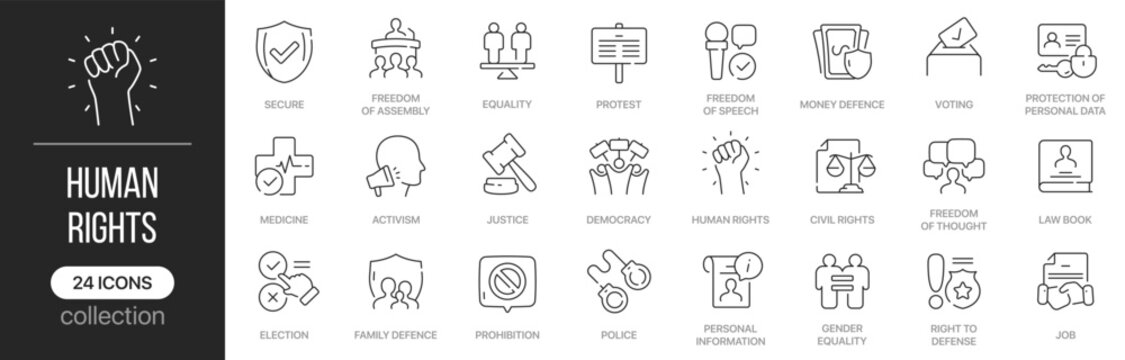 Human rights linear icons covering civil liberties and social justice concepts. Contains equality, freedom, voting, democracy, protection, activism and legal rights elements
