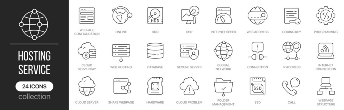 Hosting service linear icons covering website infrastructure and online network management. Contains servers, databases, domains, cloud storage, security and hosting technology elements