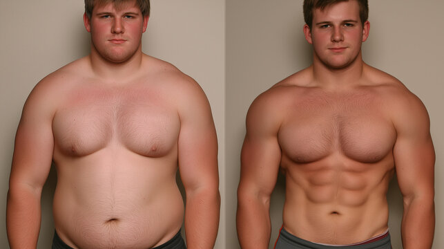 A stark contrast between an overweight man and his significantly leaner, more muscular physique after a rigorous fitness transformation.