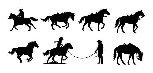 Obraz premium Cowboy Horse Silhouettes, Western Riding Action Poses, Rancher Lassoing Equine, Equestrian Movement Set, Black Vector Graphics