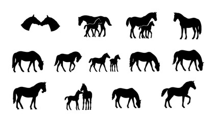 Fototapeta premium Diverse Horse Silhouettes Collection, Equine Vector Icons, Farm Animals, Wild Horses, Foals and Mares, Livestock Graphics, Equestrian Themes