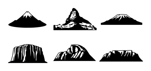 Diverse Mountain Silhouettes Collection, Six Iconic Peaks, Vector Graphics for Nature and Adventure Themes © Raiyan