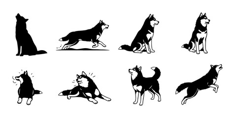 Siberian Husky Dog Silhouettes, Multiple Poses and Actions, Black and White Vector Graphics for Pet Lovers and Animal Designs © Riyan
