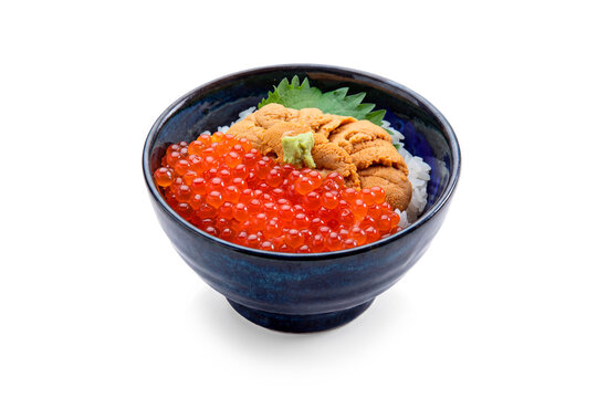 Uni Ikura Don Rice Bowl with Wasabi and Shiso Leaf Isolated on White Background