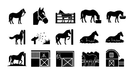 Fototapeta premium Horse Icons Set, Equestrian Vector Graphics, Stable and Farm Animal Silhouettes, Ranch Lifestyle Collection