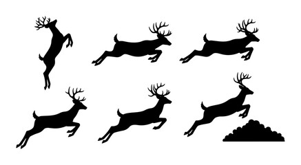 Fototapeta premium Deer Silhouette Collection, Wildlife Animal Vector Graphics, Forest Creature Poses, Hunting and Nature Elements, Black and White Illustration