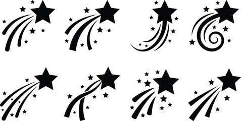 Set of eight black shooting star silhouettes with various trails and sparkles on white background © MD