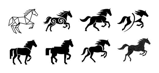Fototapeta premium Diverse Horse Silhouettes Collection, Galloping Equine Vector Icons, Stylized Animal Graphics, Set of 8 Horse Illustrations for Design