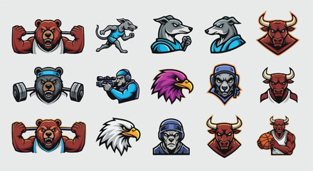Obraz premium Collection of sports mascot character designs featuring bears bulls eagles and wolves.