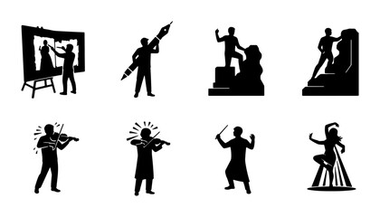 Obraz premium Creative Arts Icons Set, Artistic Professions Silhouette Collection, Music and Performance Symbols, Vector Graphics for Design