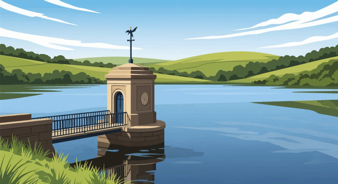 Vector illustration of a stone water intake tower with a bridge walkway and bird weather vane, situated on a calm lake surrounded by rolling green hills under a blue summer sky.