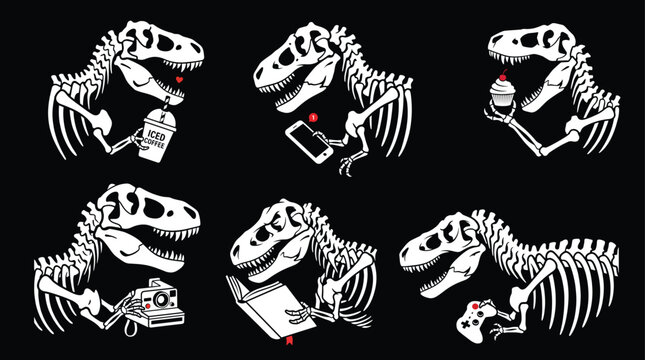 Set of six white dinosaur skeleton performing daily human activities like drinking coffee, using a smartphone, eating a cupcake, taking reading a book, and