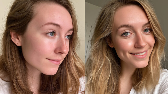 A woman's radiant smile is enhanced by her significantly improved skin, shown in a before and after comparison highlighting clear, glowing, and blemish-free features.