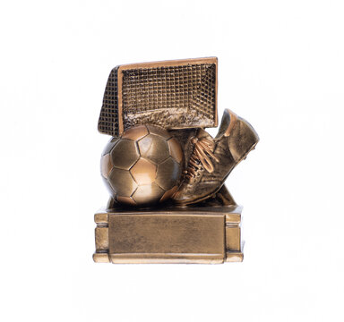 Golden soccer goalkeeper cup isolated on white background