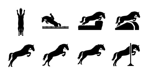 Fototapeta premium Equestrian Horse Jumping Silhouettes, Set of 8 Action Poses, Equestrian Sport Vector Icons