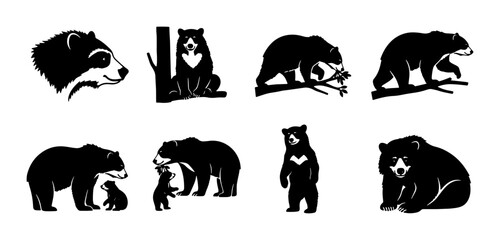 Bear Silhouettes Collection, Wildlife Animal Graphics, Forest Fauna Icons, Nature Vector Art, Mammal Illustrations for Design © Sukkur