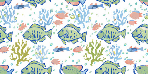 Fish And Seaweed Seamless Pattern Colorful Vector Illustration © Mithun
