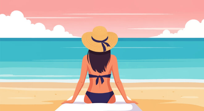 Back view of a woman wearing a dark bikini and straw sun hat sitting on a towel on a sandy beach, looking at turquoise ocean water under a pink sunset sky with clouds.