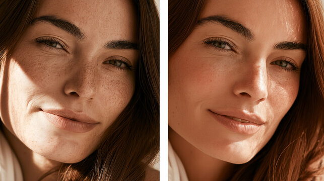 Comparison of a woman's face with natural freckles and sun-kissed skin versus a retouched image with reduced pigmentation.