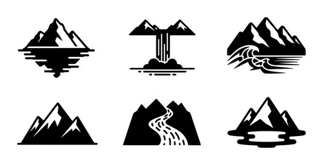 Obraz premium Mountain Icons Set, Landscape Vector Graphics, Nature Elements Collection, Outdoor Adventure Symbols, Black and White