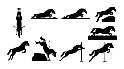 Fototapeta premium Equestrian Show Jumping Silhouettes, Horse Jumping Vector Icons, Dynamic Horse Poses for Sports and Competition Graphics