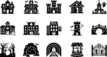 Naklejka premium Set of black halloween haunted house building and spooky landscape icons