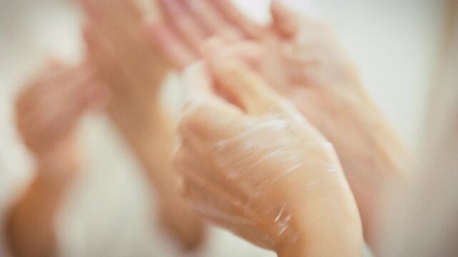 In bright bathroom, young woman gently massages moisturizer into her hands, wearing crisp white robe. This self-care routine showcases her dedication to skincare nourishing her skin at home precision