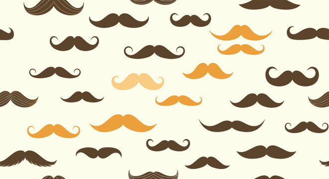 Retro mustache seamless pattern featuring various classic facial hair styles in brown and golden tones on a light background.