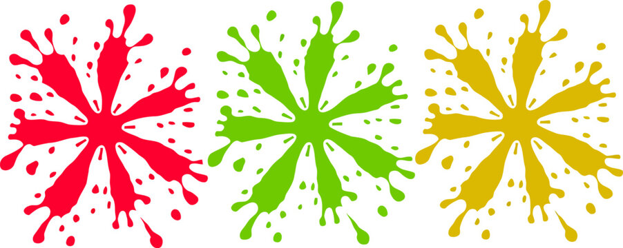 Red green and yellow paint splatters on white background splash