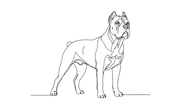 Continuous one-line drawing of a Cane Corso dog standing in profile view. Minimalist black line art vector illustration of a muscular Italian Mastiff on a plain white background.