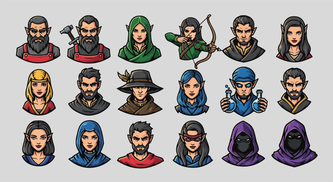 Set of fantasy role playing game character avatars and portraits.