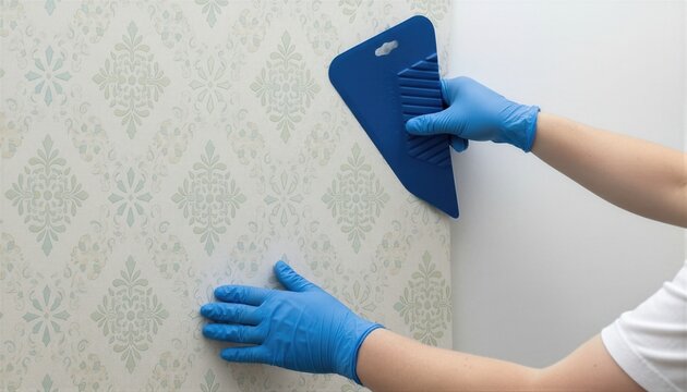 Woman professional decorator smoothing wallpaper with spatula on wall. House renovation process with finishing material. Apartment interior improvement and home construction work.