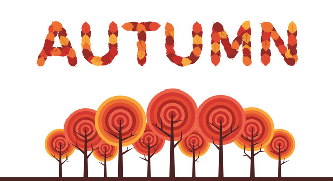 Word autumn created with fall leaves sits above a row of retro trees with concentric circle crowns on a white background.