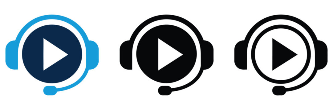 Dynamic headset and play button icon representing online customer support, learning, multimedia communication and digital service vector illustration