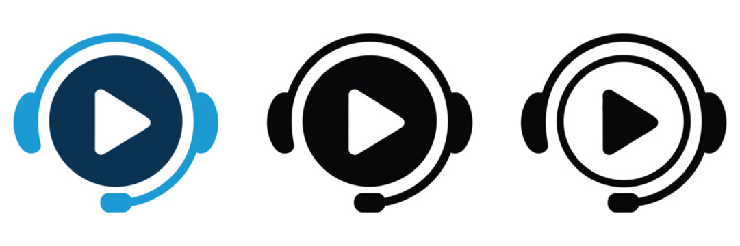 Dynamic headset and play button icon online customer support, multimedia communication, e learning, video content and vector illustration