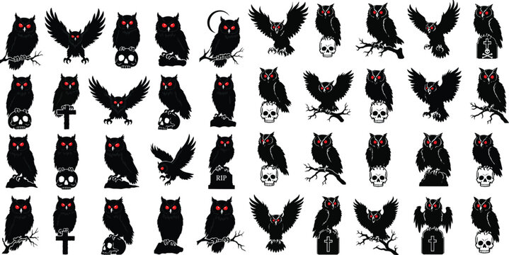 Black and white owl and raven vector icons