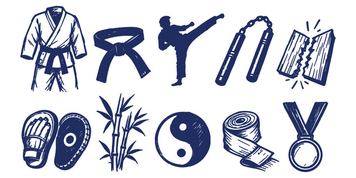 martial arts karate collection and judo training combat sport doodle icon set vector illustration